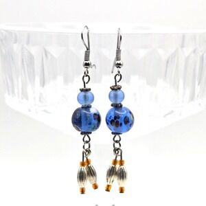 Handmade Blue Painted Art Glass Beaded Earrings Silvertone Hooks Drop Dangle